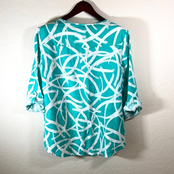 JM Collection Linen Roll-Tab Sleeve Abstract Print Top Plus Size 16W Aqua White - Picture 4 of 15